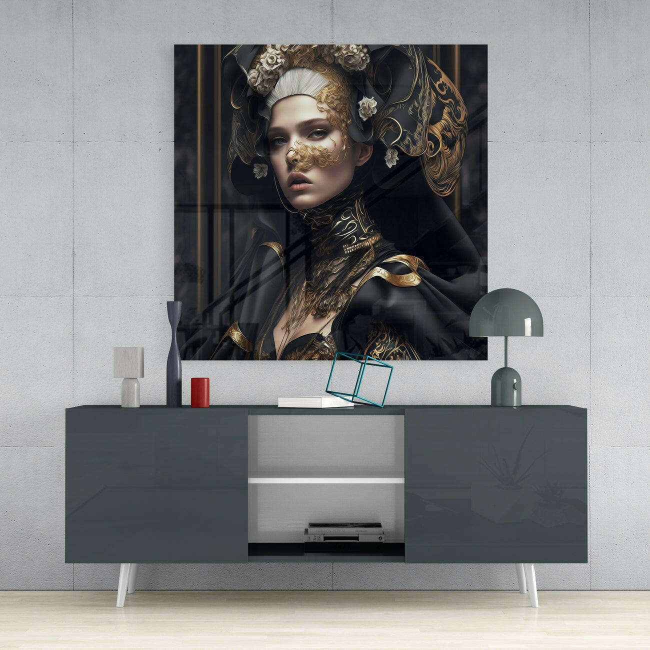 Black Cloak Gold Baroque Woman Glass Wall Art