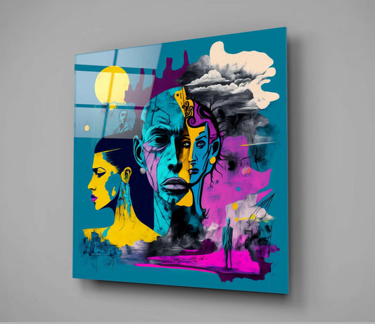 Square teal wall art featuring layered cubist faces in cyan, yellow, and magenta with clouds and sun, mounted at an angle on gray background.