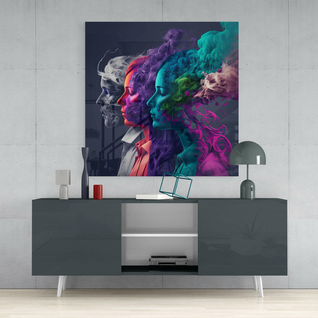 Four Profiles Purple Smoke Hair Glass Wall Art