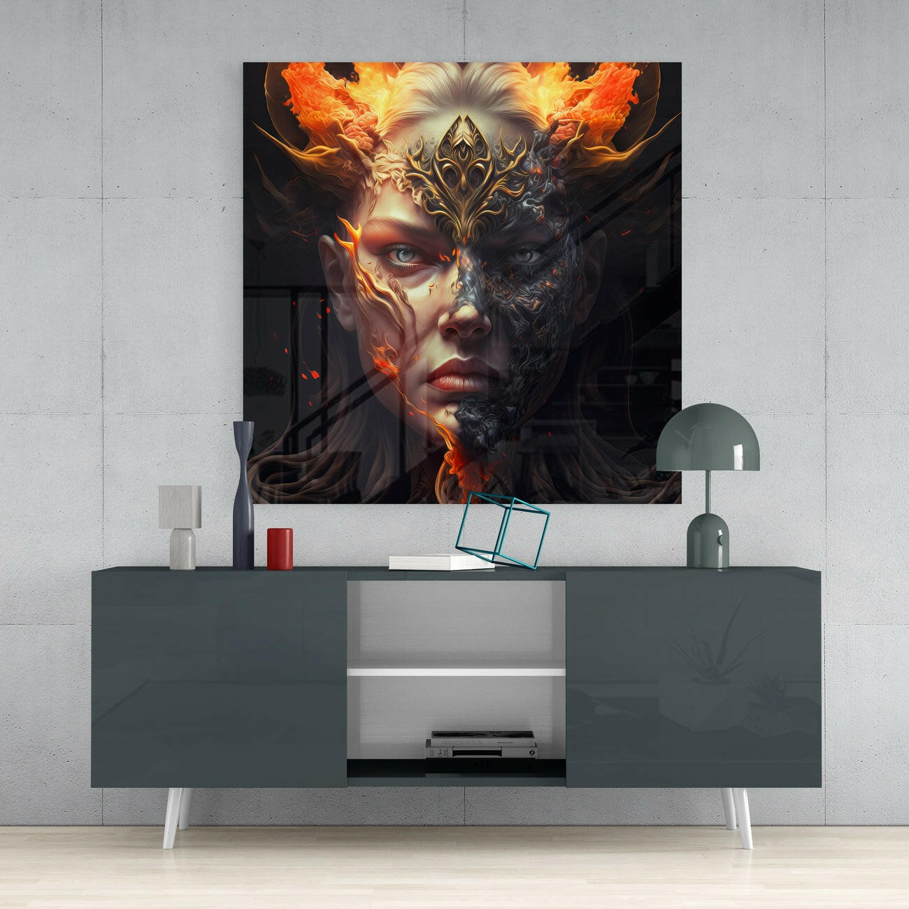Half Fire Half Ash Masked Face Glass Wall Art