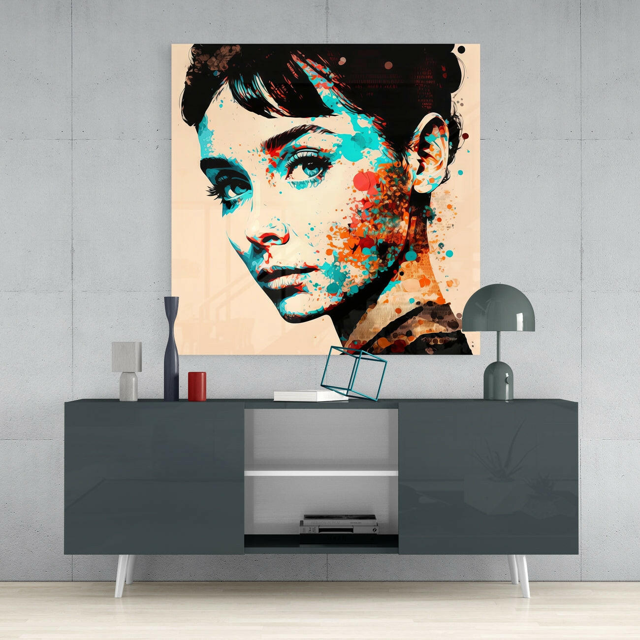 Teal and Orange Splatter Woman Portrait Glass Wall Art