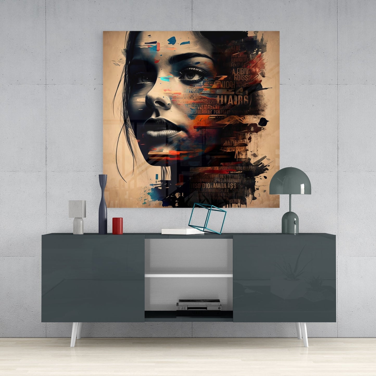 Sepia Typography Collage Woman Face Glass Wall Art