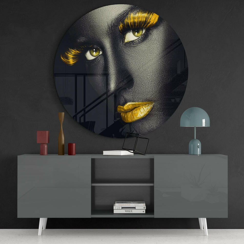 Golden Lashes and Lips Gray Face Glass Wall Art