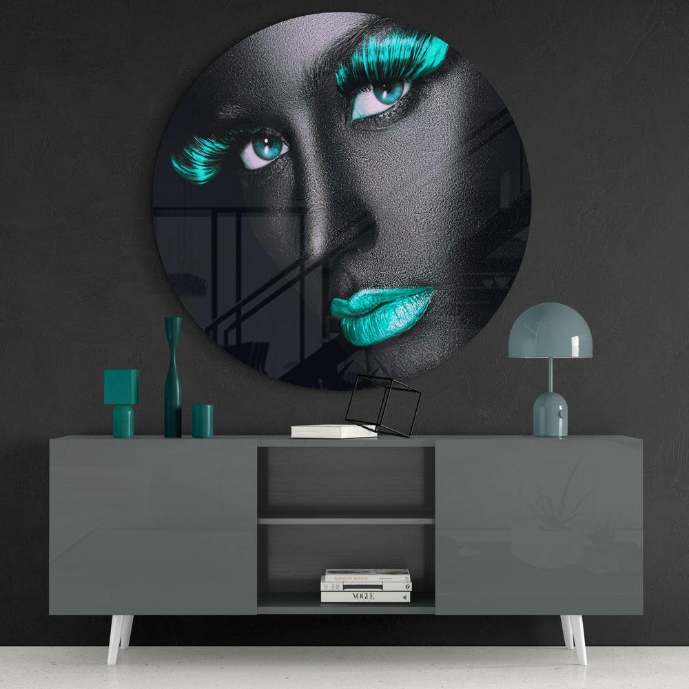Turquoise Lashes and Lips Gray Face Glass Wall Art