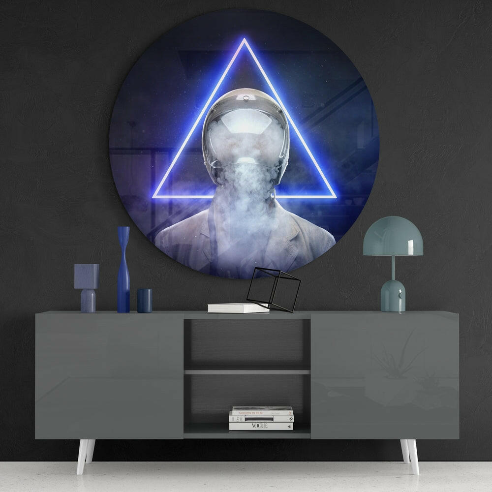 Blue Neon Triangle Smoke Helmet Glass Wall Art