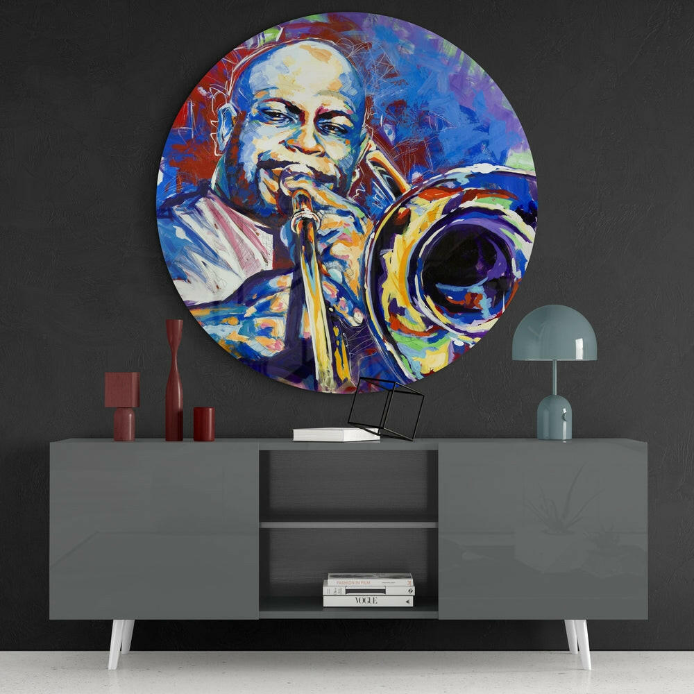Painted Trombone Player on Blue Round Glass Wall Art