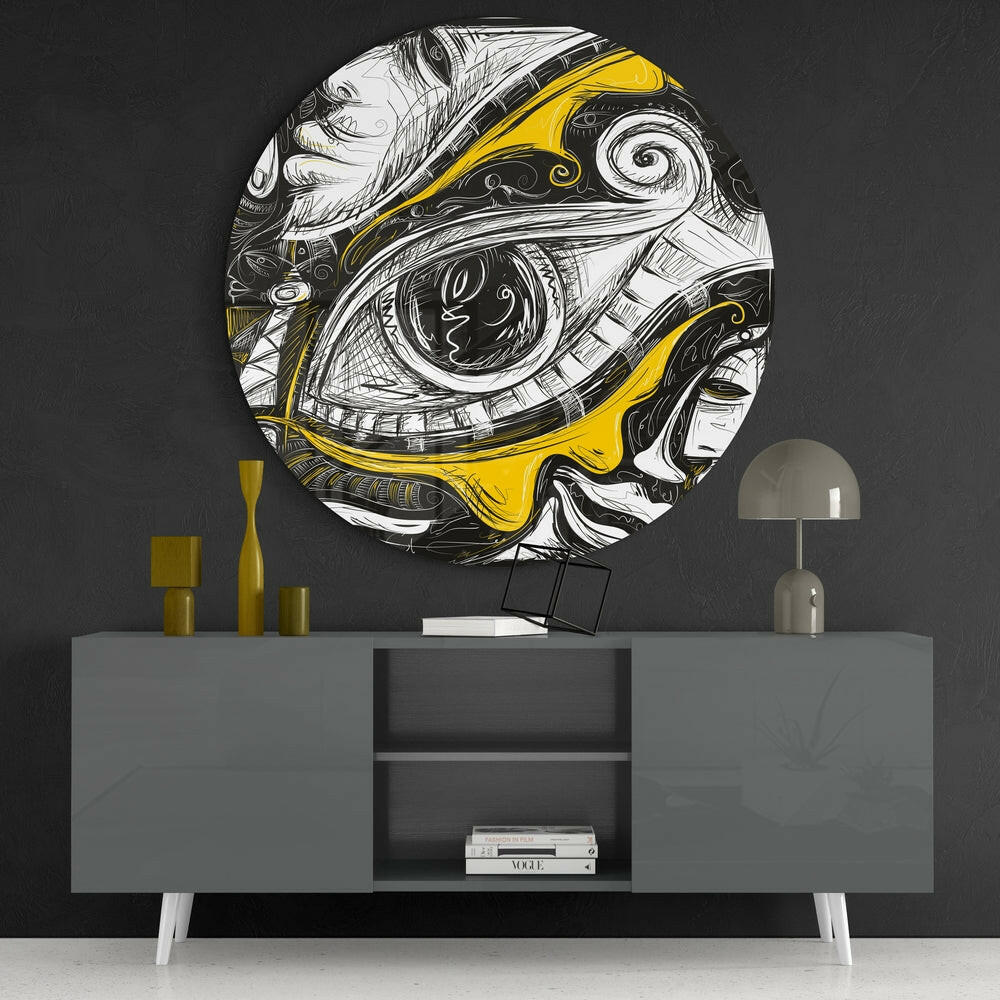 Round Yellow And Black Sketch Eye Glass Wall Art