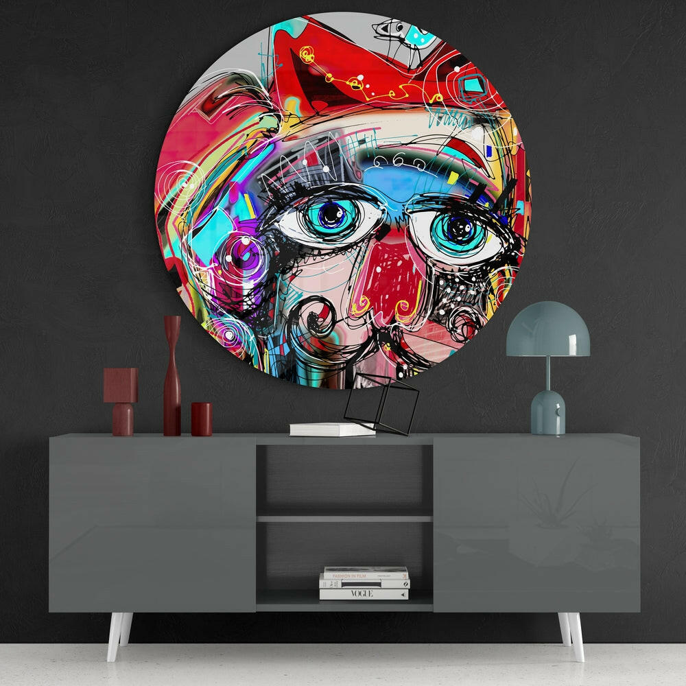 Round Graffiti Face Big Blue Eyes Glass Wall Art