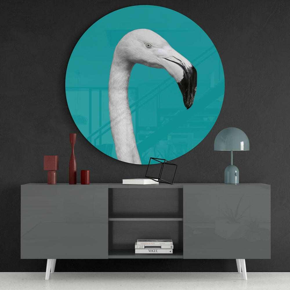White Flamingo Teal Circle Glass Wall Art