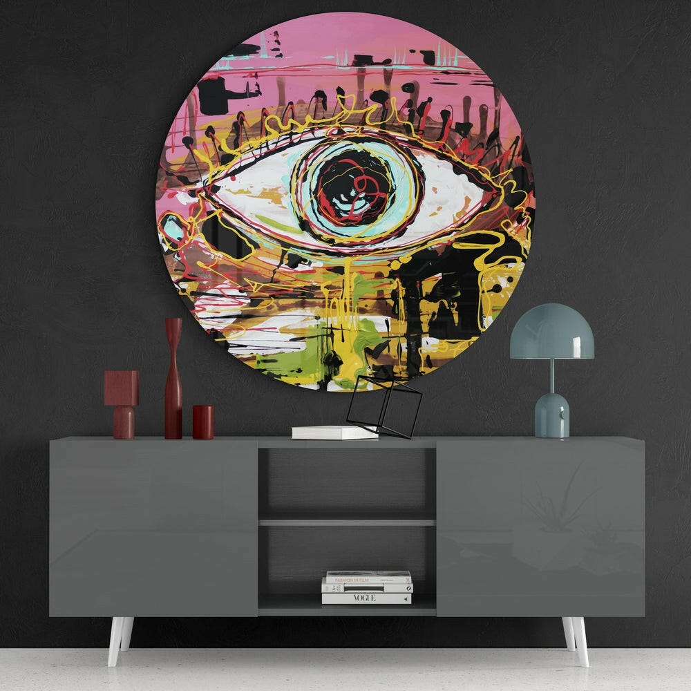 Round Pink Graffiti Scribble Eye Glass Wall Art