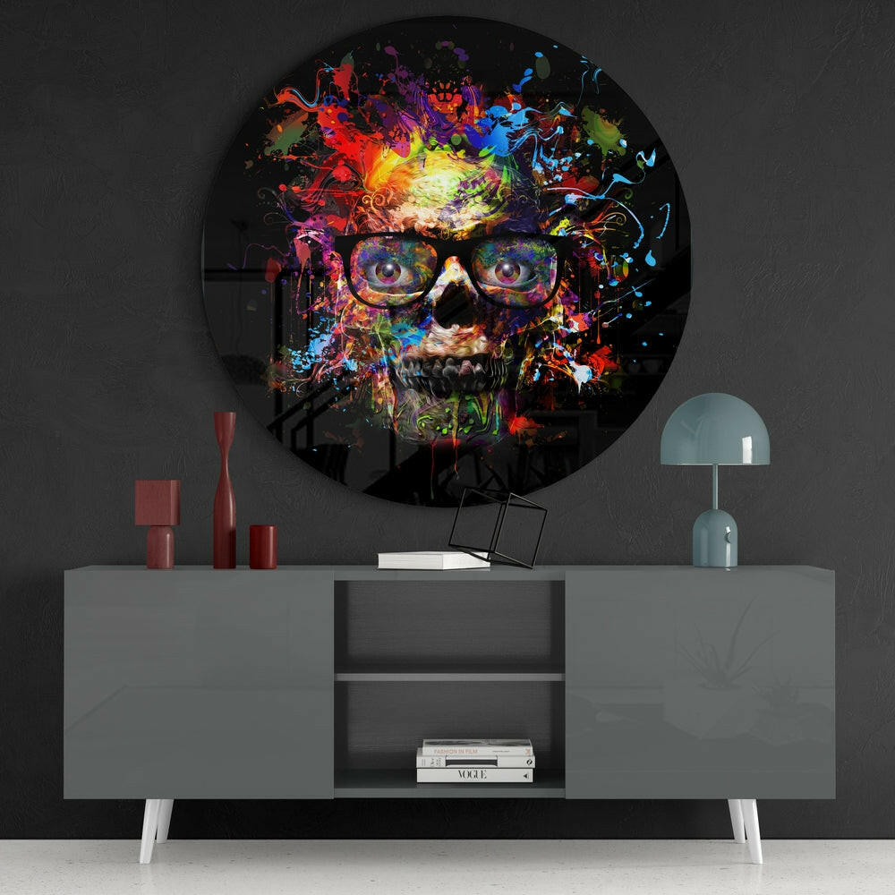 Rainbow Splatter Glasses Skull Glass Wall Art