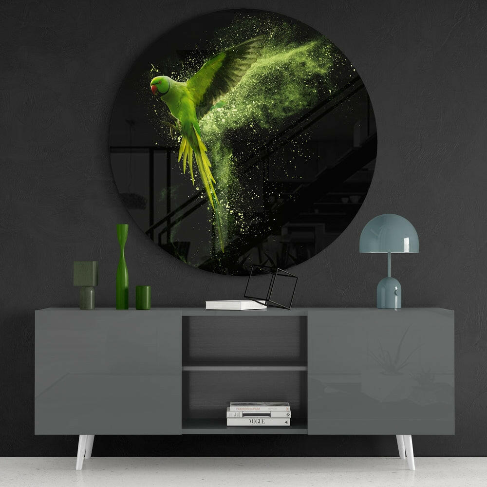 Round Flying Parakeet Green Dust Glass Wall Art