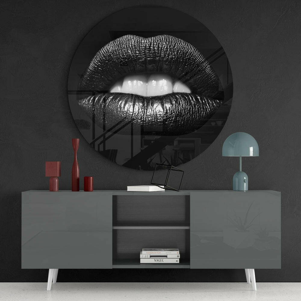 Black and White Glossy Lips Close Up Glass Wall Art