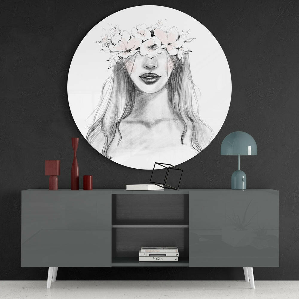 Floral Crown Woman Sketch Glass Wall Art