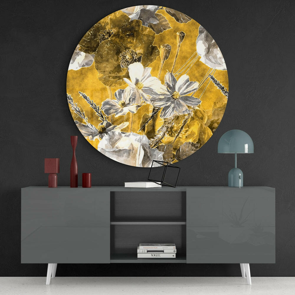 Mustard Gold and Gray Poppy Field Glass Wall Art