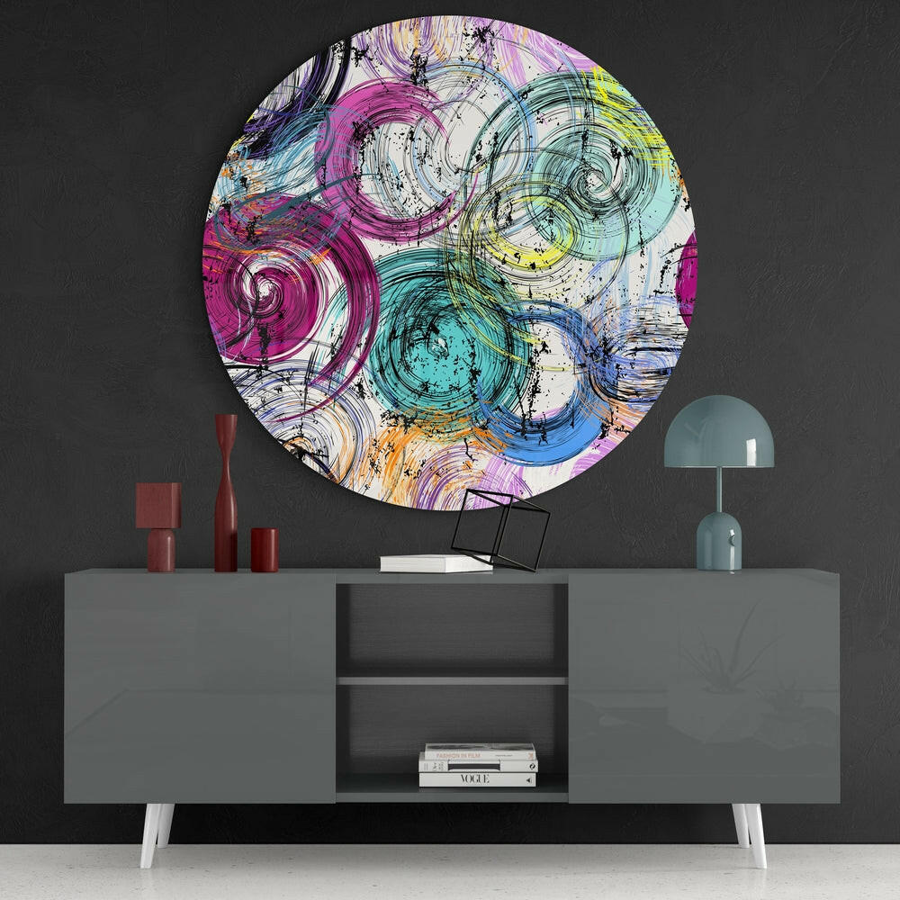 Pink and Teal Swirling Ink Circles Glass Wall Art