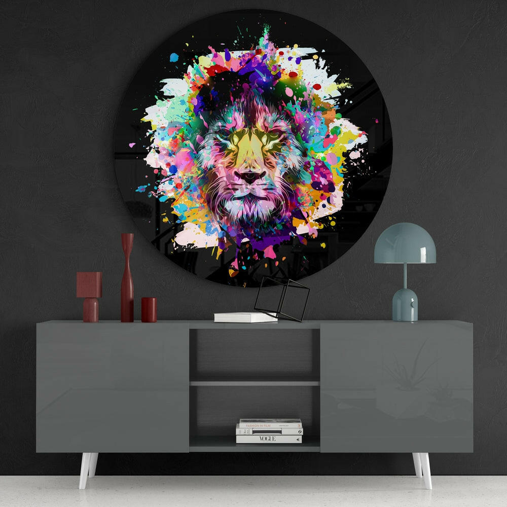 Colorful Splash Lion Round Glass Wall Art
