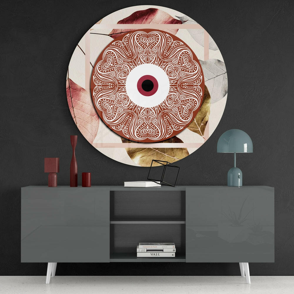 Terracotta Ornate Eye Disc on Leaves Glass Wall Art