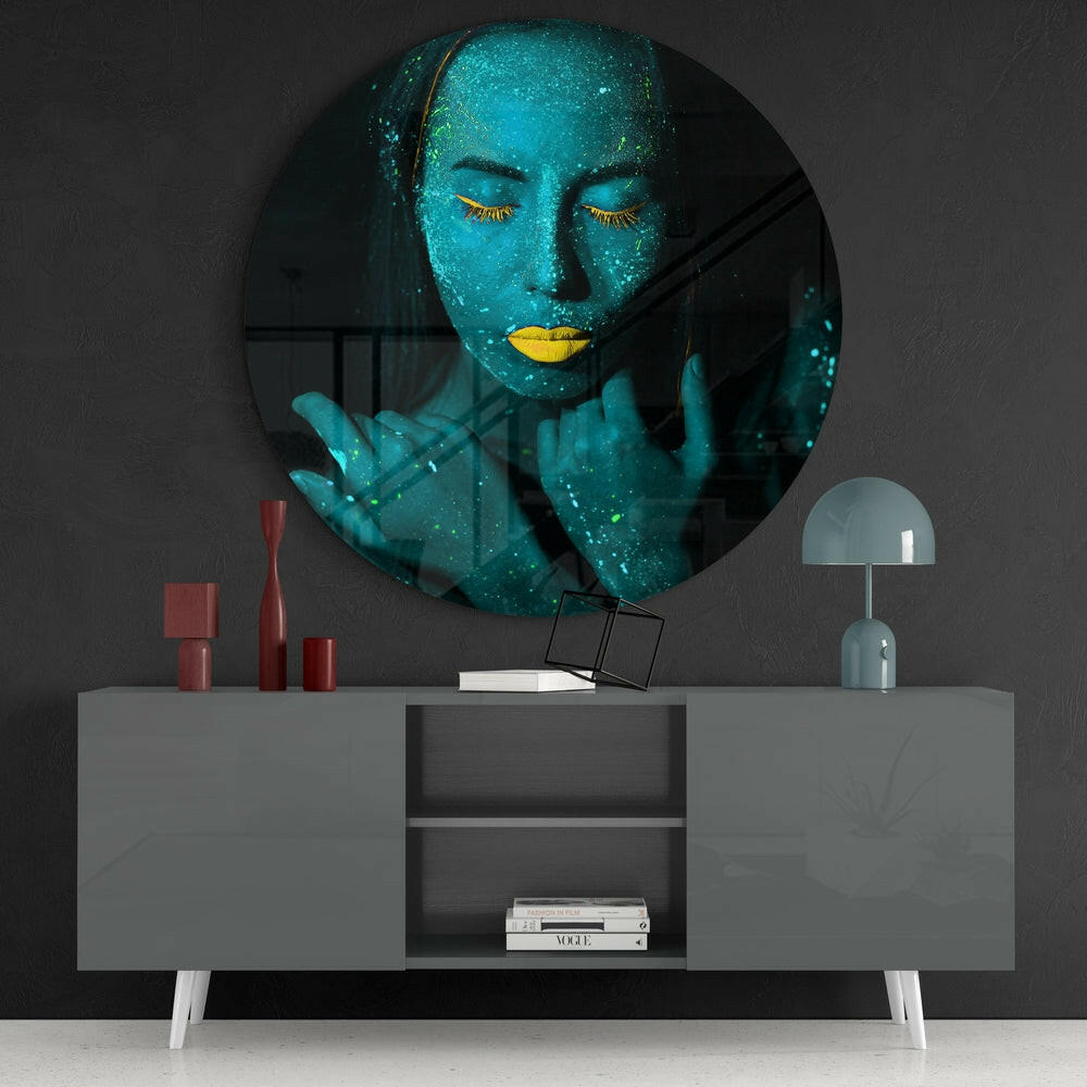 Turquoise Neon Glow Face Glass Wall Art