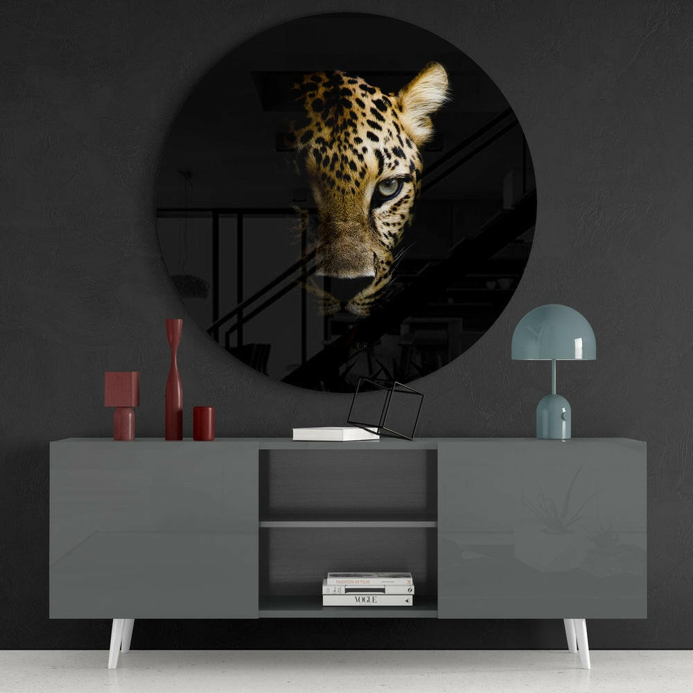 Half Lit Golden Leopard Glass Wall Art