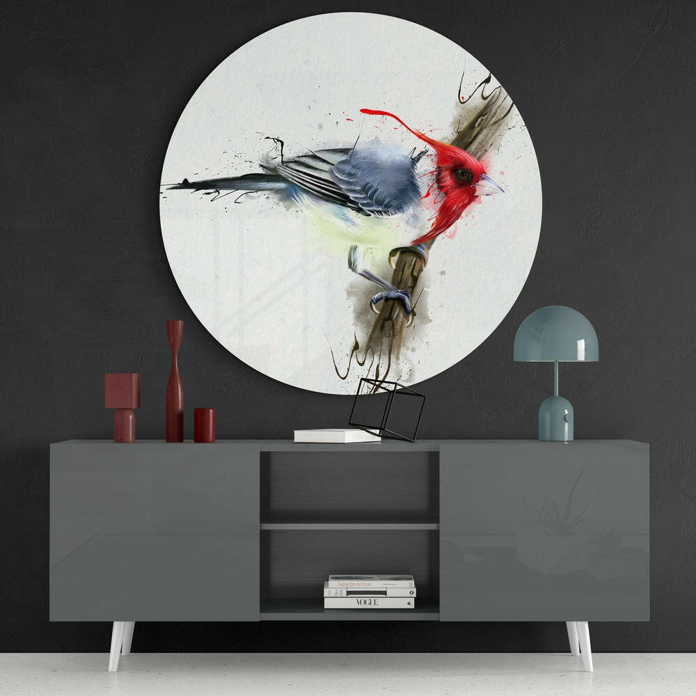Red Crested Bird Watercolor Splatter Glass Wall Art