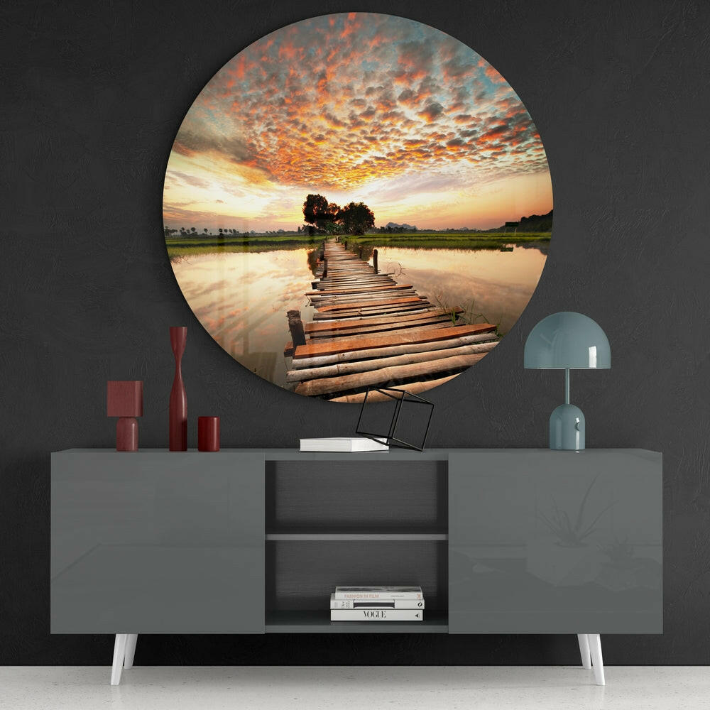 Rustic Log Bridge Rice Paddy Glass Wall Art