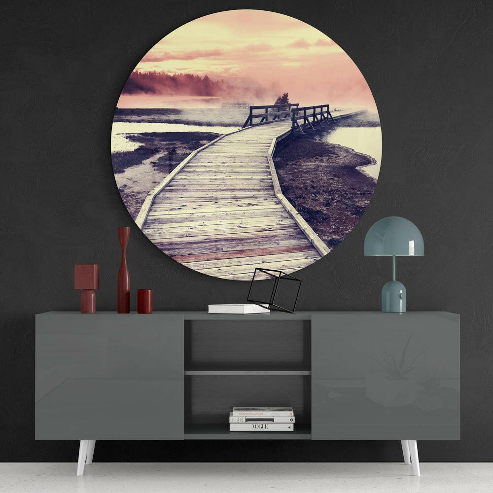 Misty Pink Boardwalk Wetland Glass Wall Art