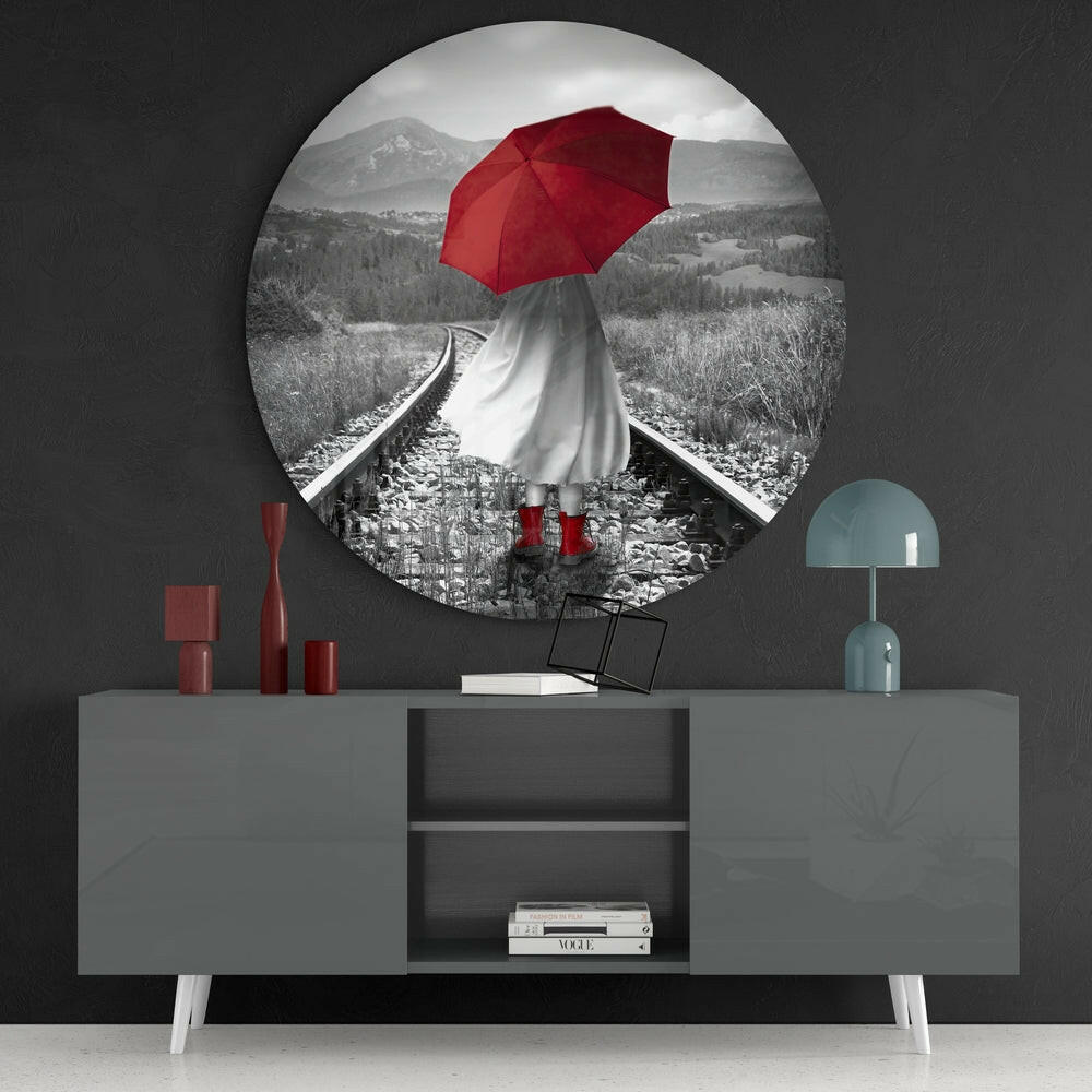 Round Red Umbrella Mountain Rails Glass Wall Art