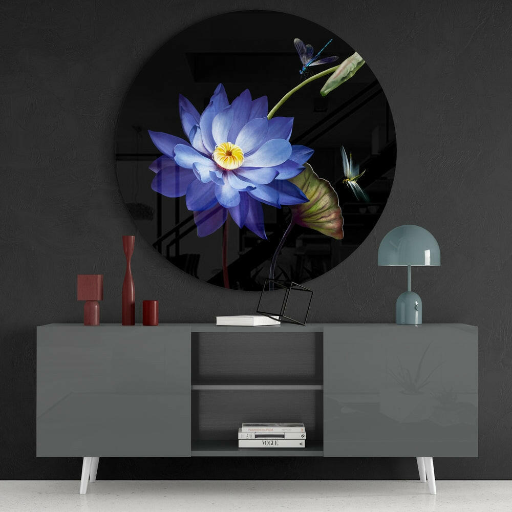 Blue Water Lily Dragonfly Glass Wall Art