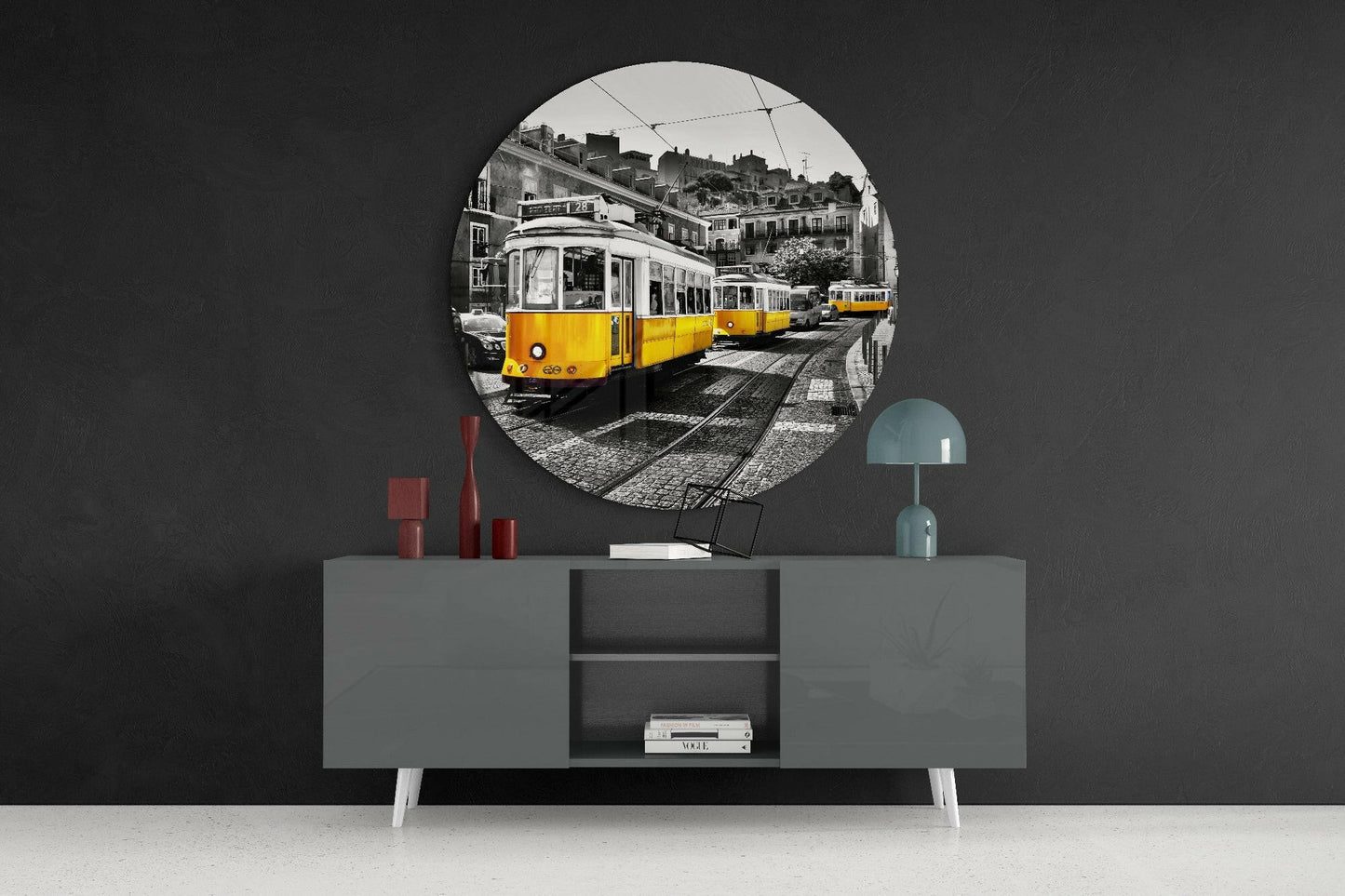 Yellow Trams Cobbled Street Glass Wall Art