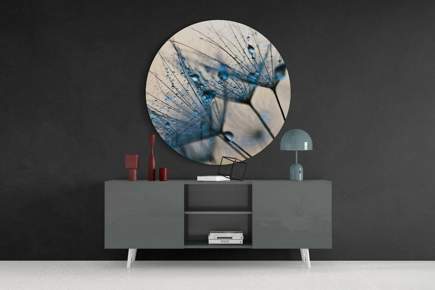 Blue Dewdrops Dandelion Macro Glass Wall Art