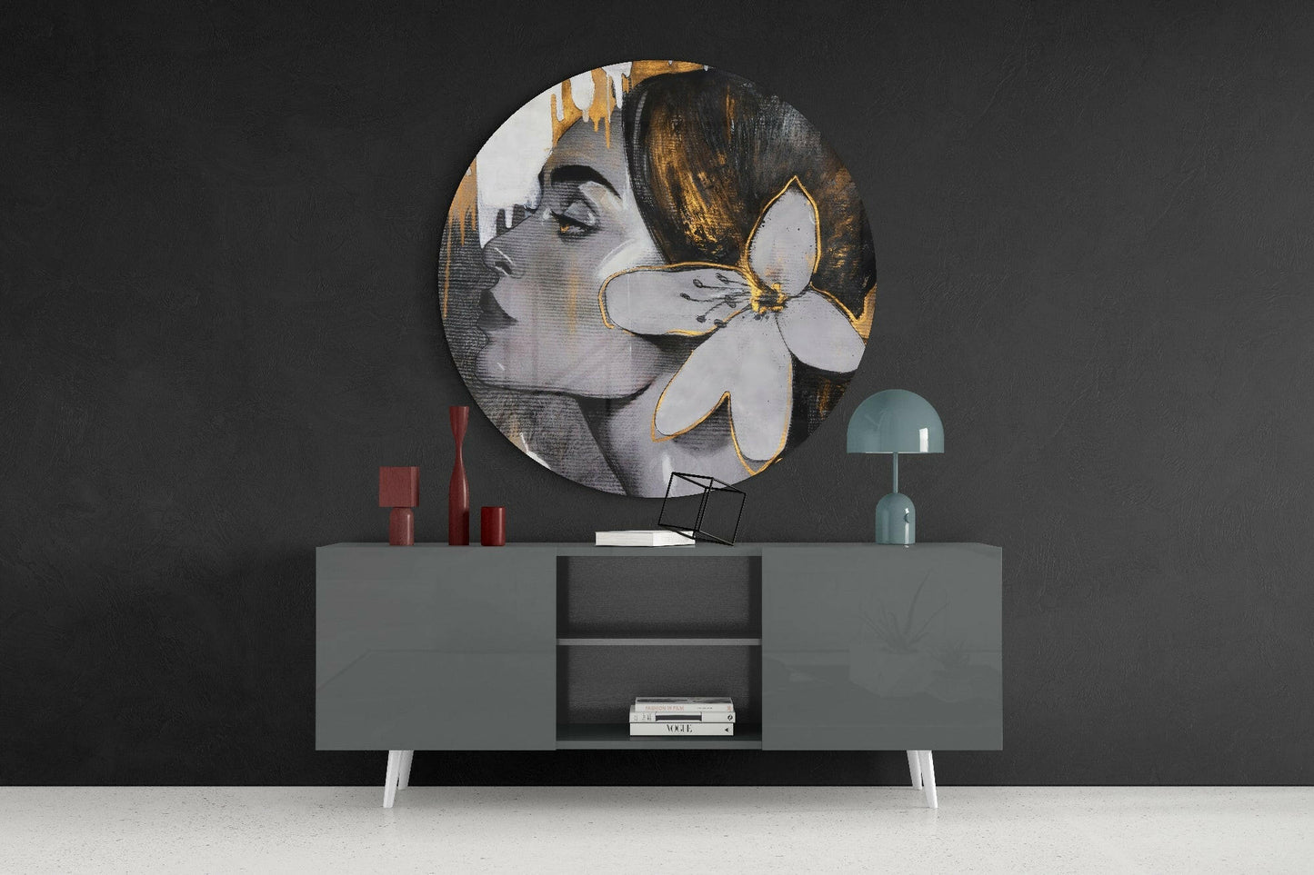Gold Drip Profile With White Lily Woman Glass Wall Art