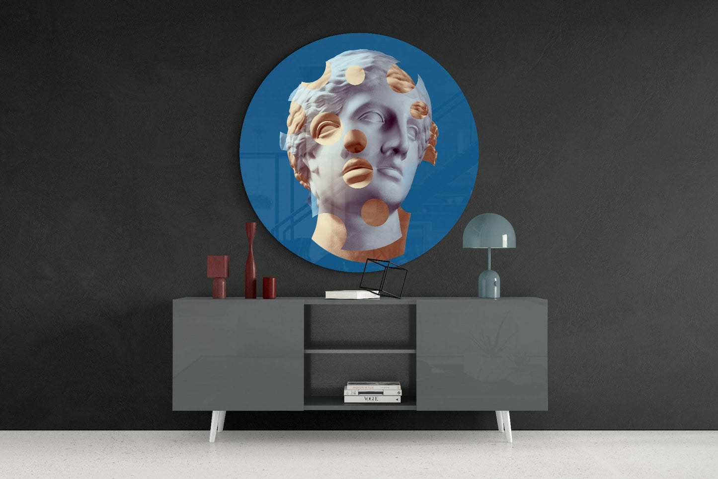 Blue Statue Head Peach Dots Glass Wall Art