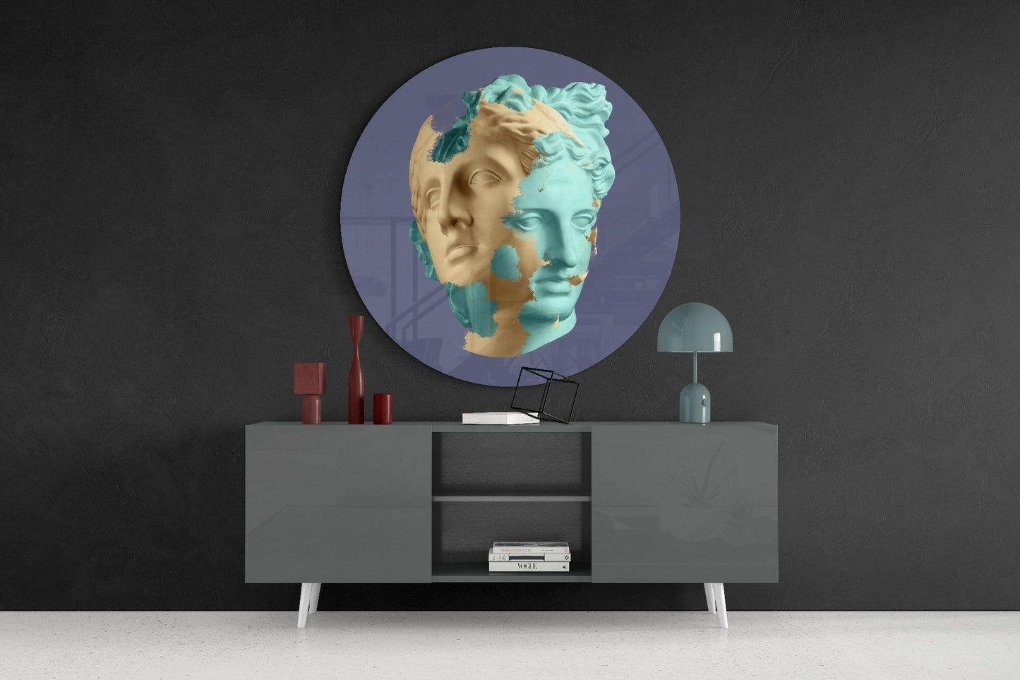 Split Mint and Beige Statue Head Glass Wall Art