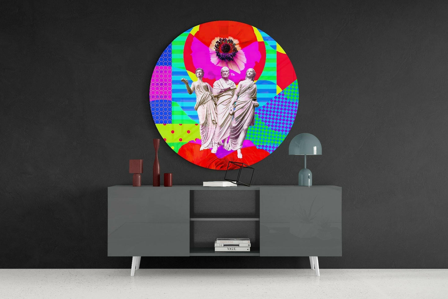 Pop Art Poppy Three Toga Figures Glass Wall Art