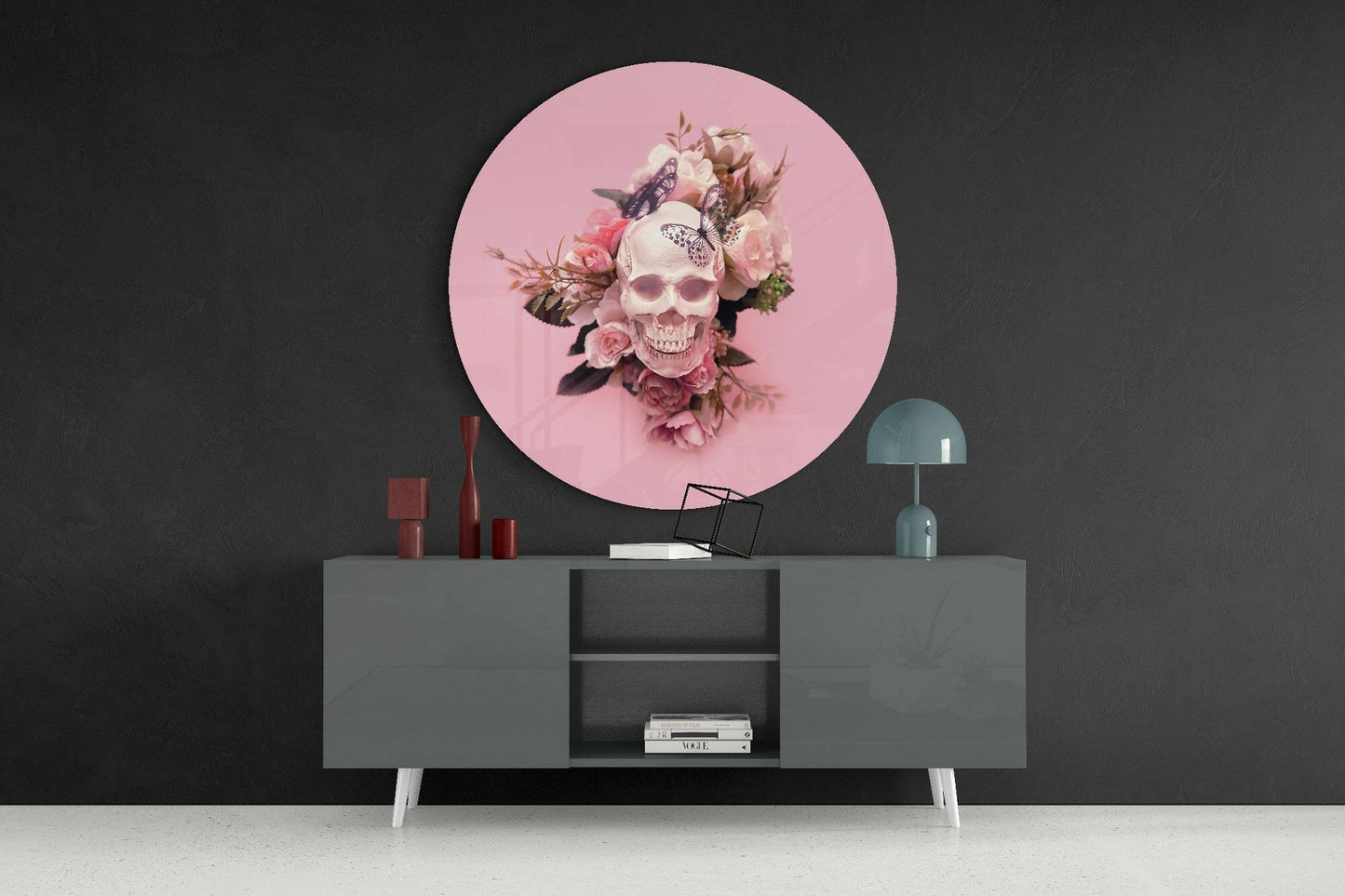 Pink Roses Butterfly Skull Glass Wall Art