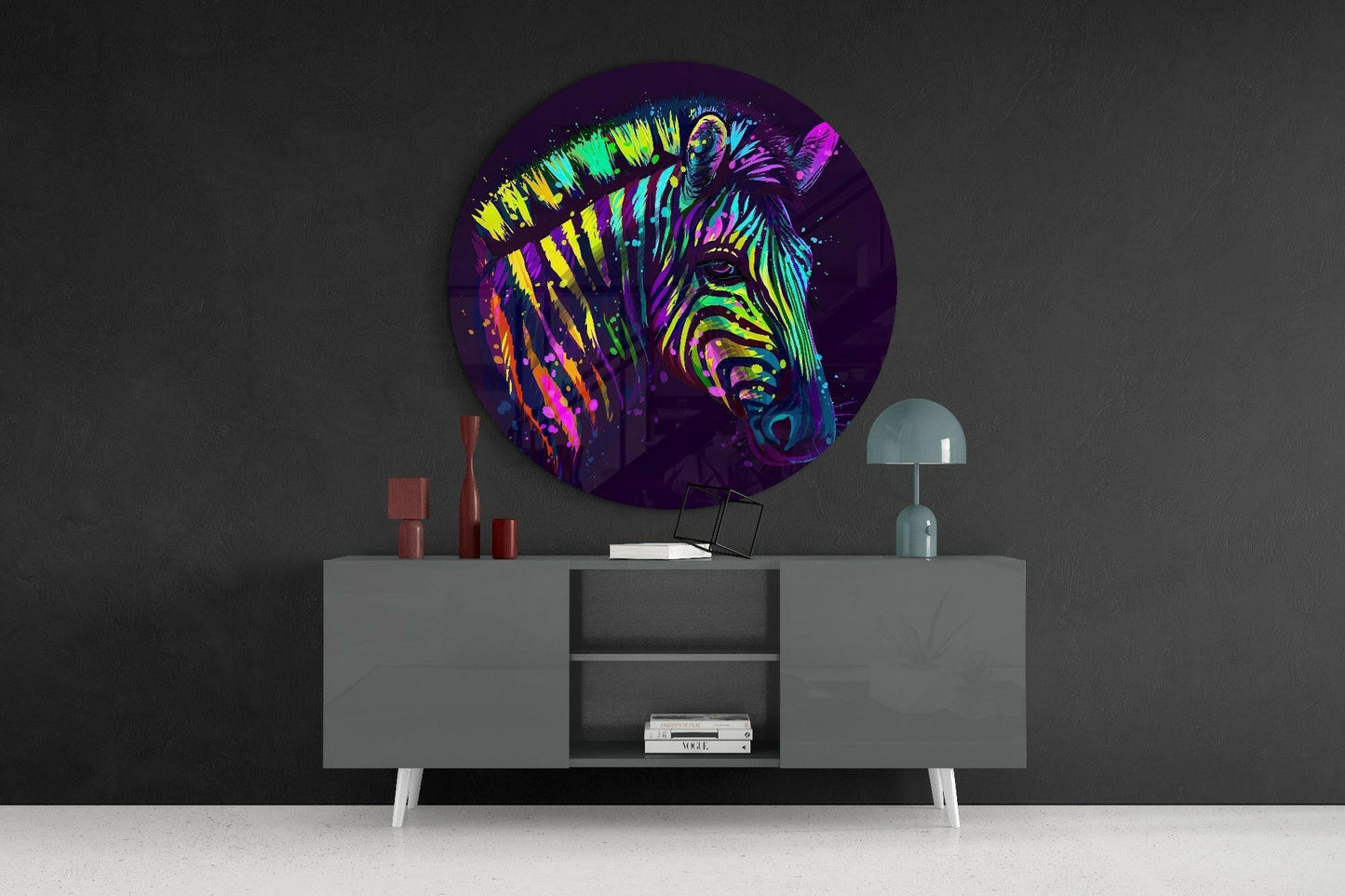 Round Rainbow Zebra Paint Drips Glass Wall Art
