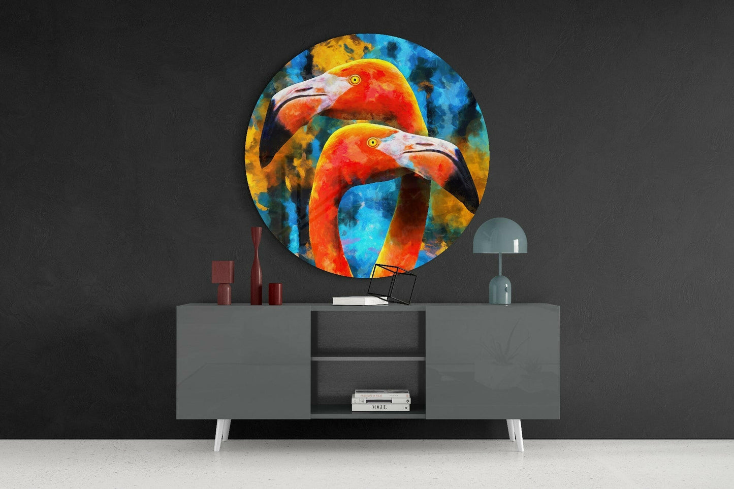 Twin Orange Flamingos Blue Glass Wall Art