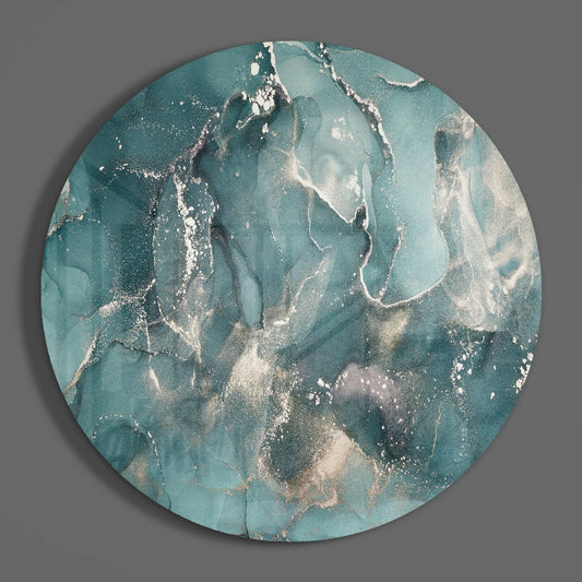 Circular teal and gold marble glass wall art with white veining and sparkle accents on neutral background.
