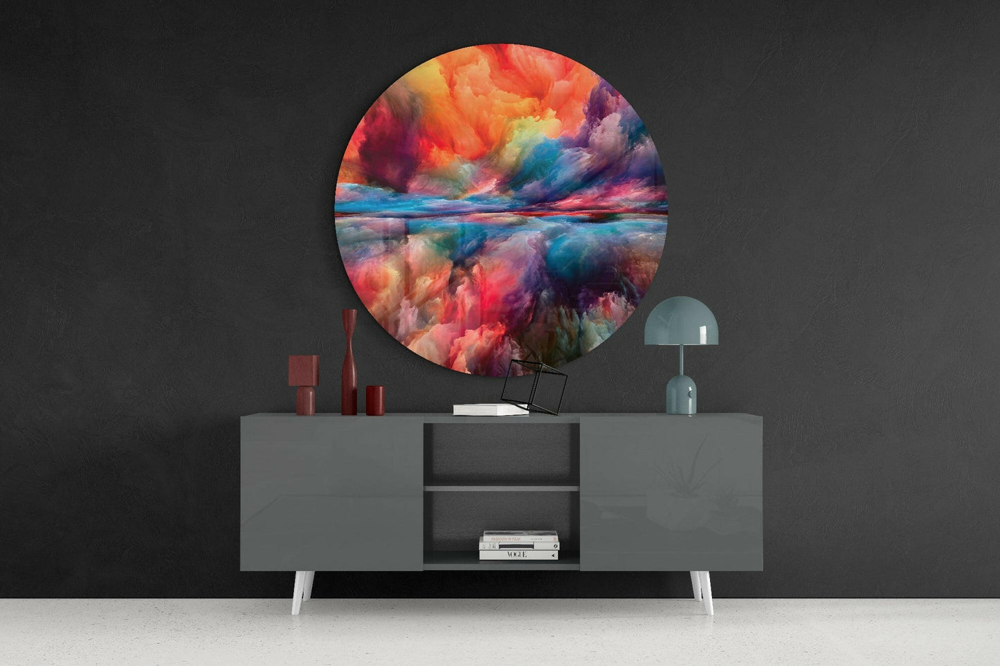 Fiery Orange Blue Cloud Round Glass Wall Art