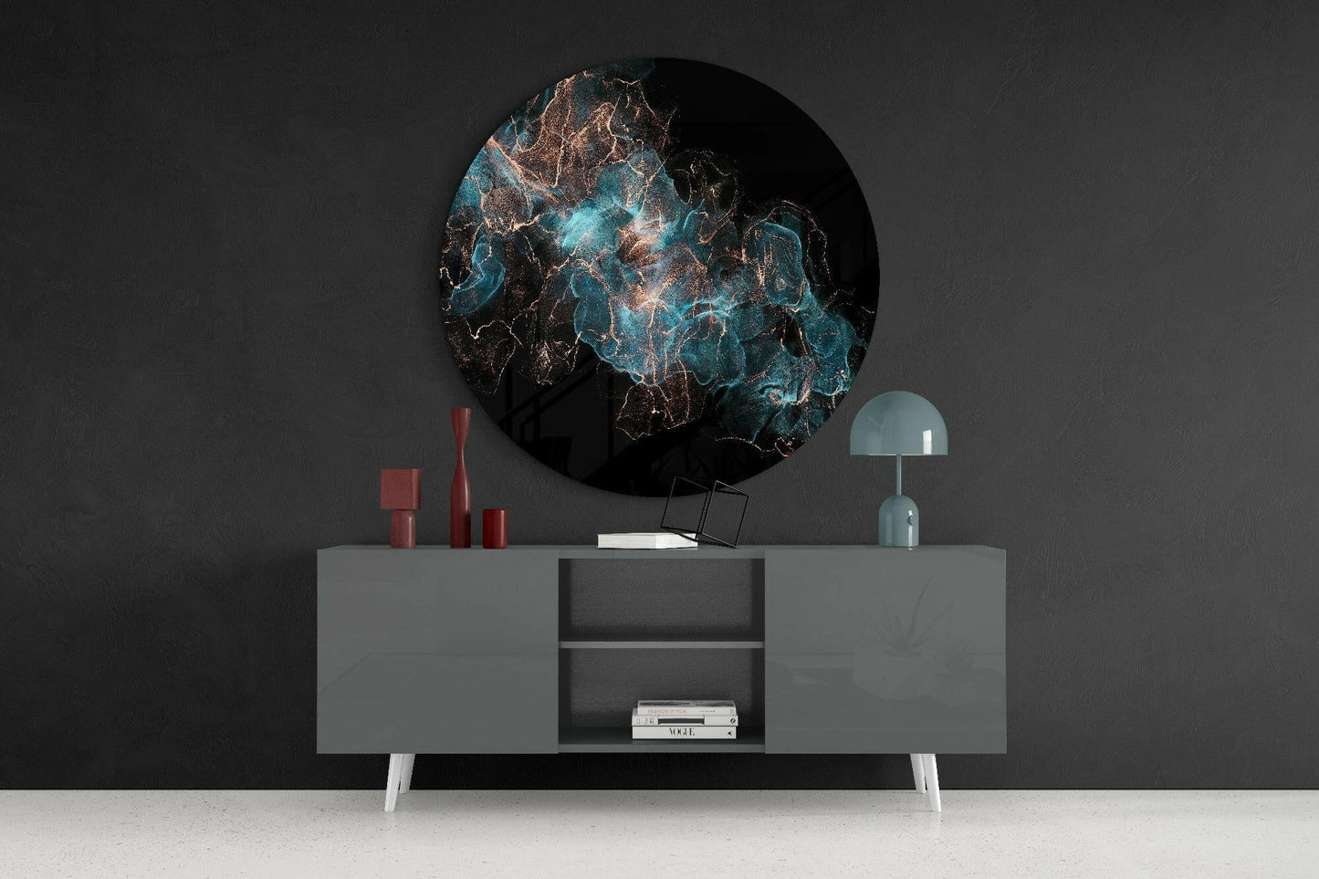 Round Teal Copper Marble Smoke Glass Wall Art