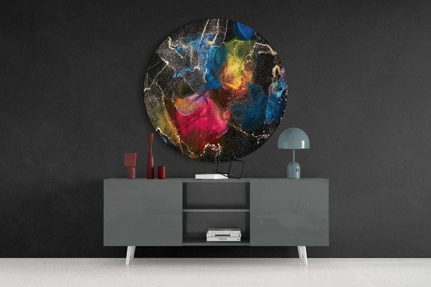 Jewel Ink Bloom Black Round Glass Wall Art