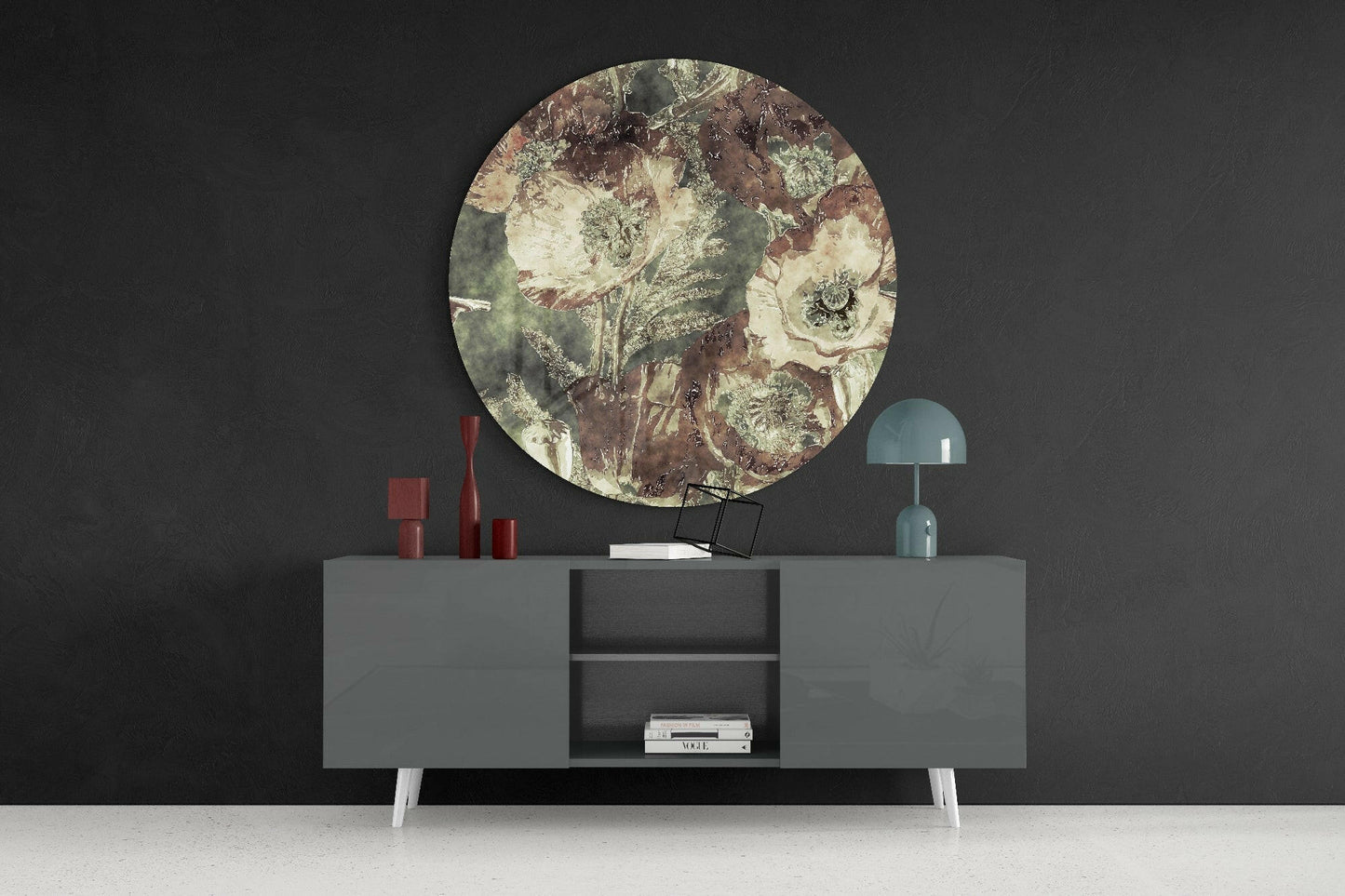 Vintage Brown and Green Poppy Blooms Glass Wall Art