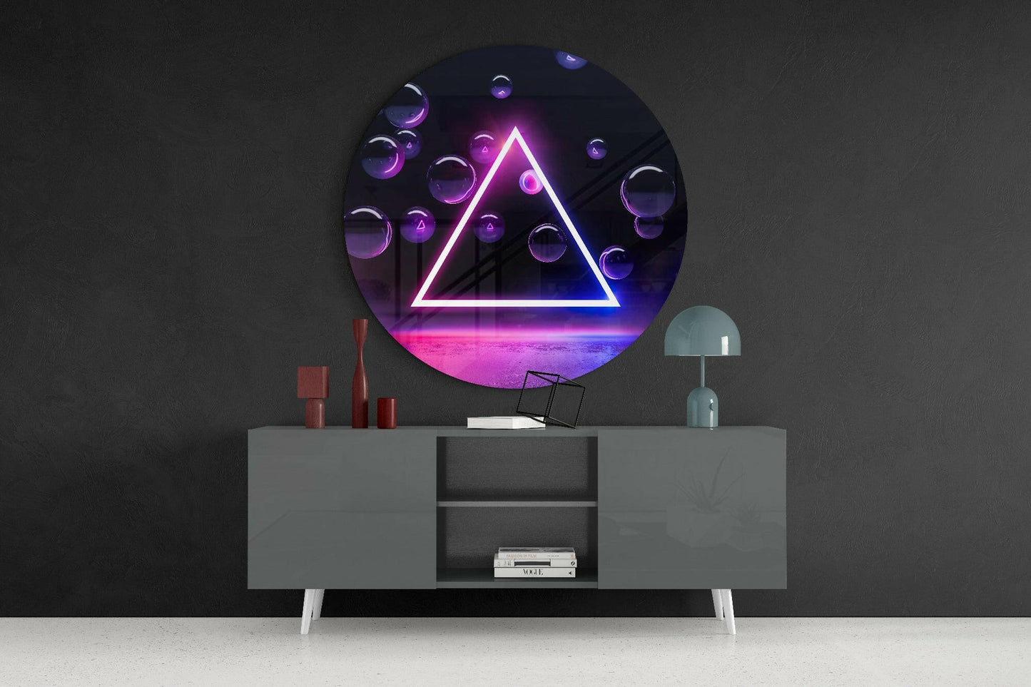 Neon Triangle Floating Purple Orbs Glass Wall Art