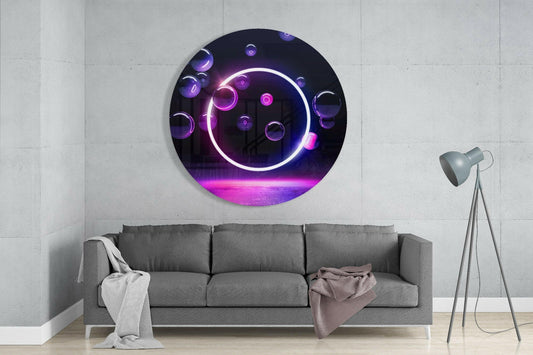 Neon circle wall art with white and violet glowing lines and purple bubbles displayed above gray sofa in modern living room setting.