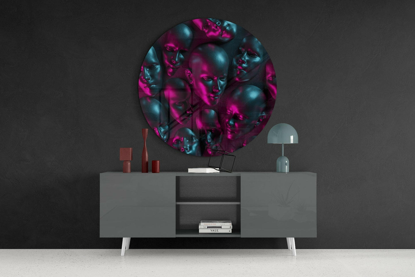 Neon Pink Teal Mannequin Heads Round Glass Wall Art