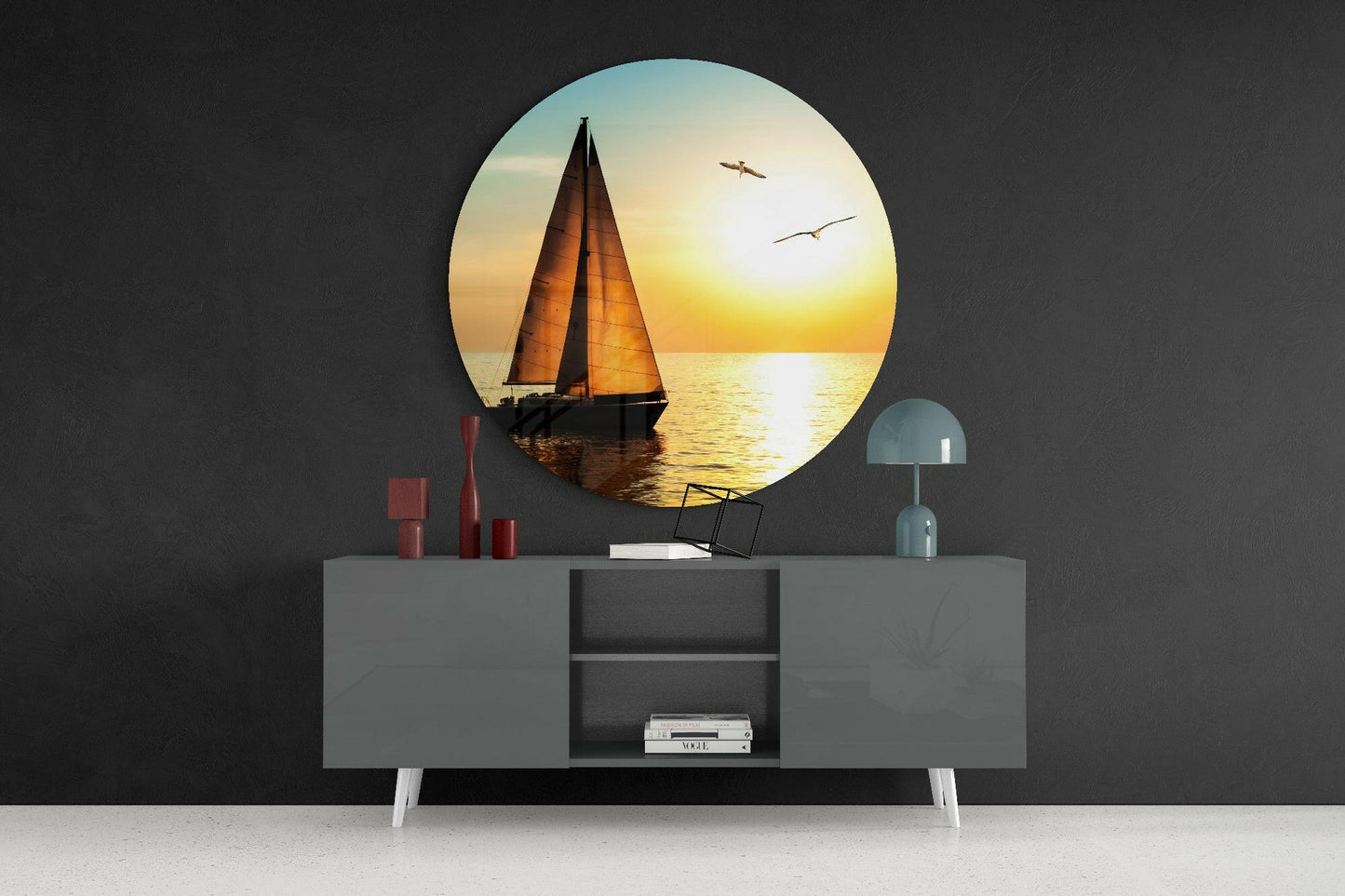 Round Amber Sunset Sailboat Seascape Glass Wall Art