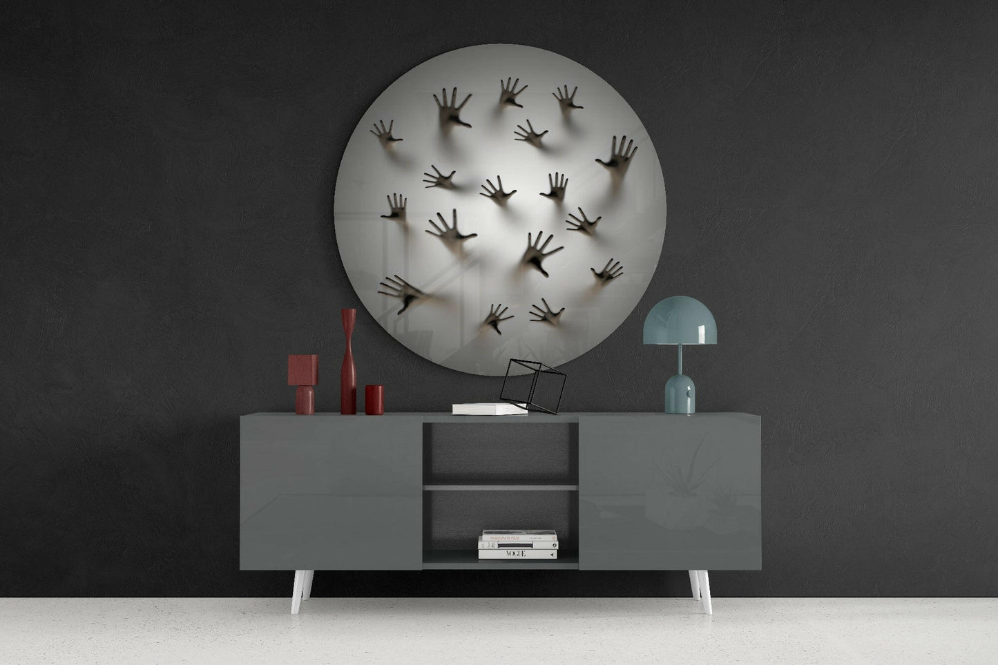 Round Ghost Hands Behind Screen Glass Wall Art