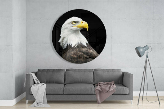 Bald eagle head circular glass wall art mounted above gray sofa in modern living room interior.