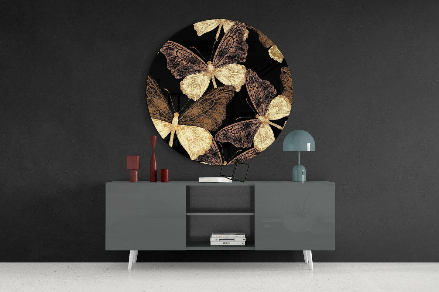 Round Gold Butterfly Swarm Glass Wall Art